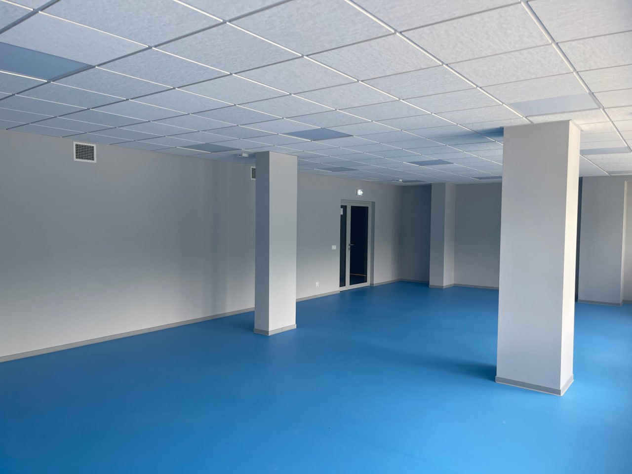 Nowoczesna sala użytkowa z niebieską posadzką, sufitem kasetonowym i aluminiowymi drzwiami wewnętrznymi